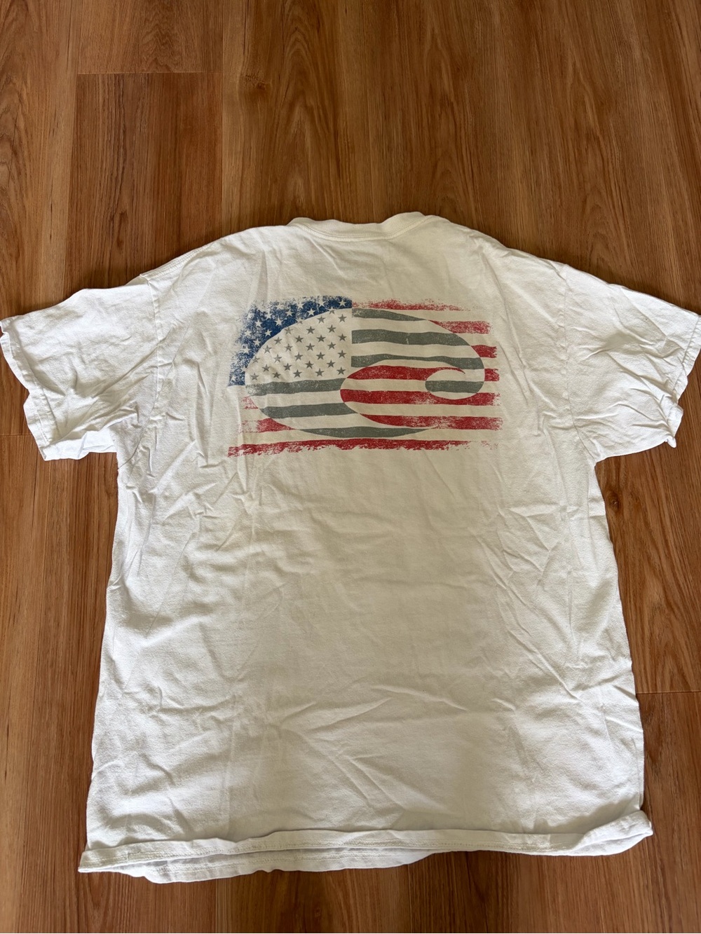 Costa White Short-Sleeve Tee with Distressed Red & Blue Flag Graphic